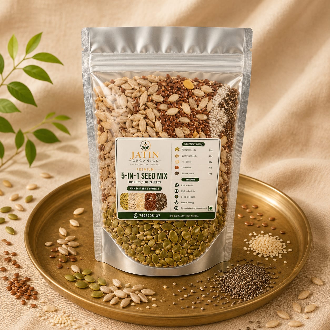 Jatin Organics 5-in-1 premium seed mix featuring pumpkin, sunflower, flax, chia, and sesame seeds.