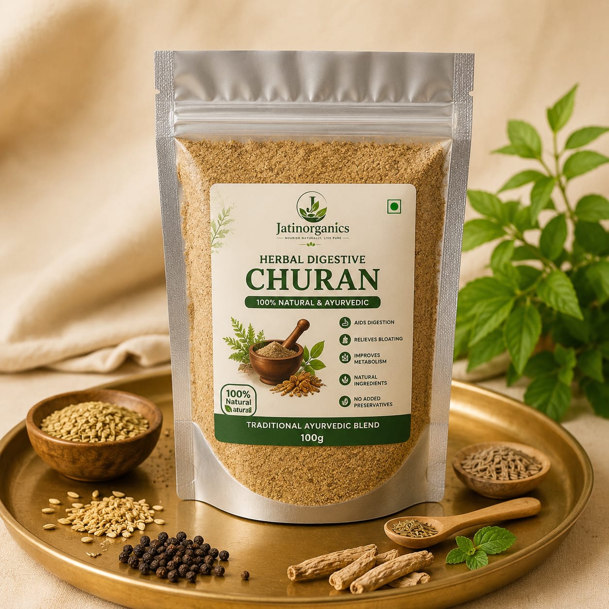 Jatinorganics Herbal Digestive Churan pack with natural Ayurvedic ingredients and spices.