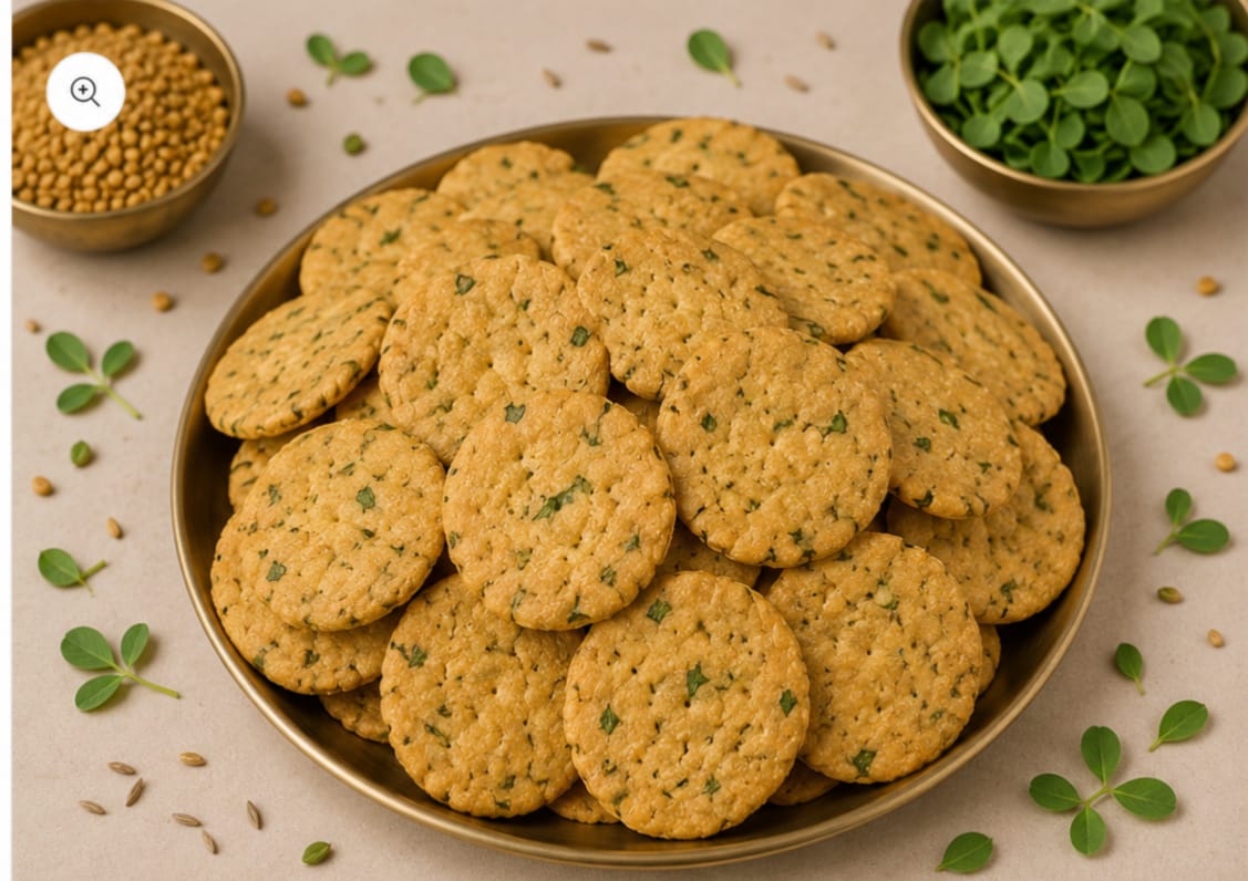 Savory roasted seed crackers on a golden plate with fresh green herbs.
