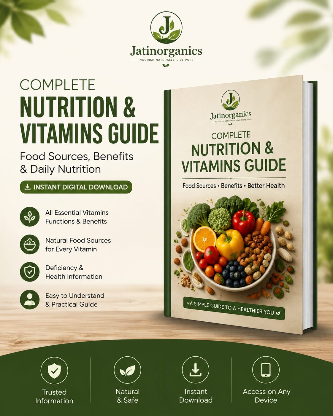 Complete Nutrition and Vitamins Guide eBook featuring healthy food sources and benefits.