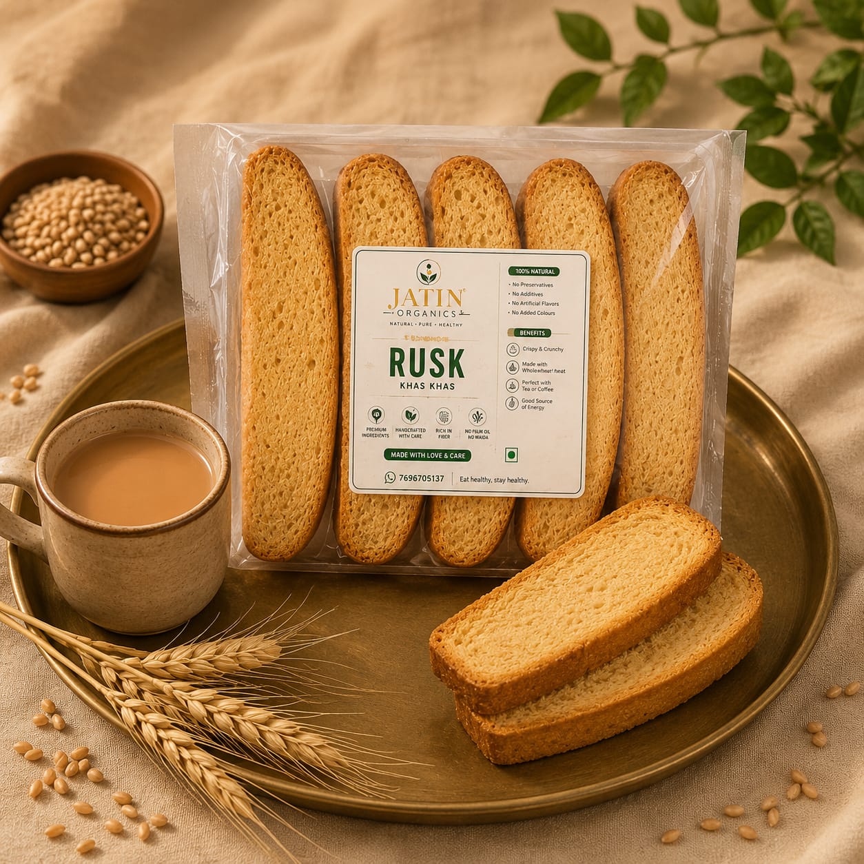 Jatin Organics Rusk Khas Khas pack with tea and wheat stalks on a golden tray.