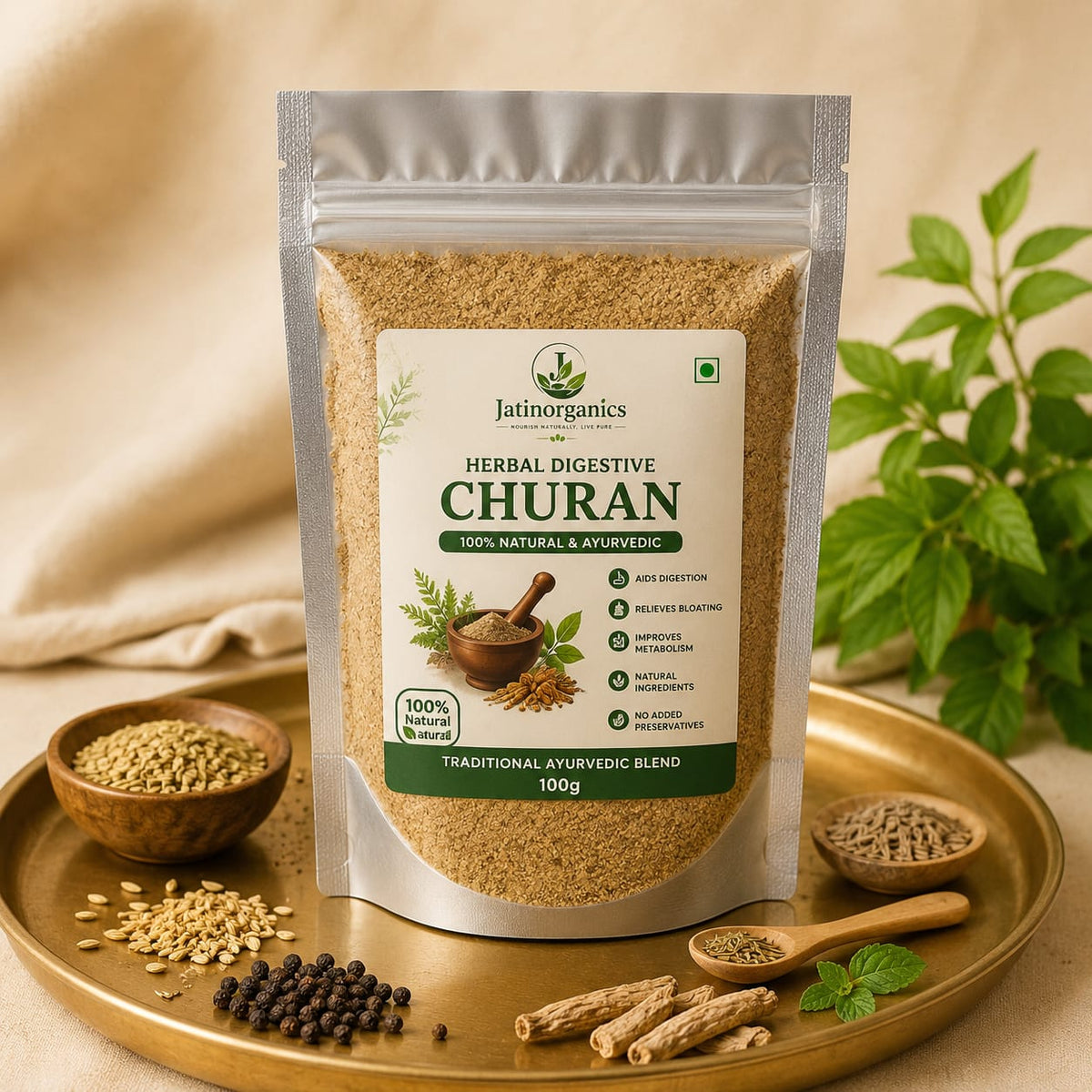 Jatinorganics Herbal Digestive Churan pack with natural Ayurvedic ingredients and spices.