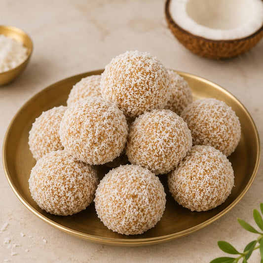 Coconut ladoo sweets coated in desiccated coconut on a gold plate