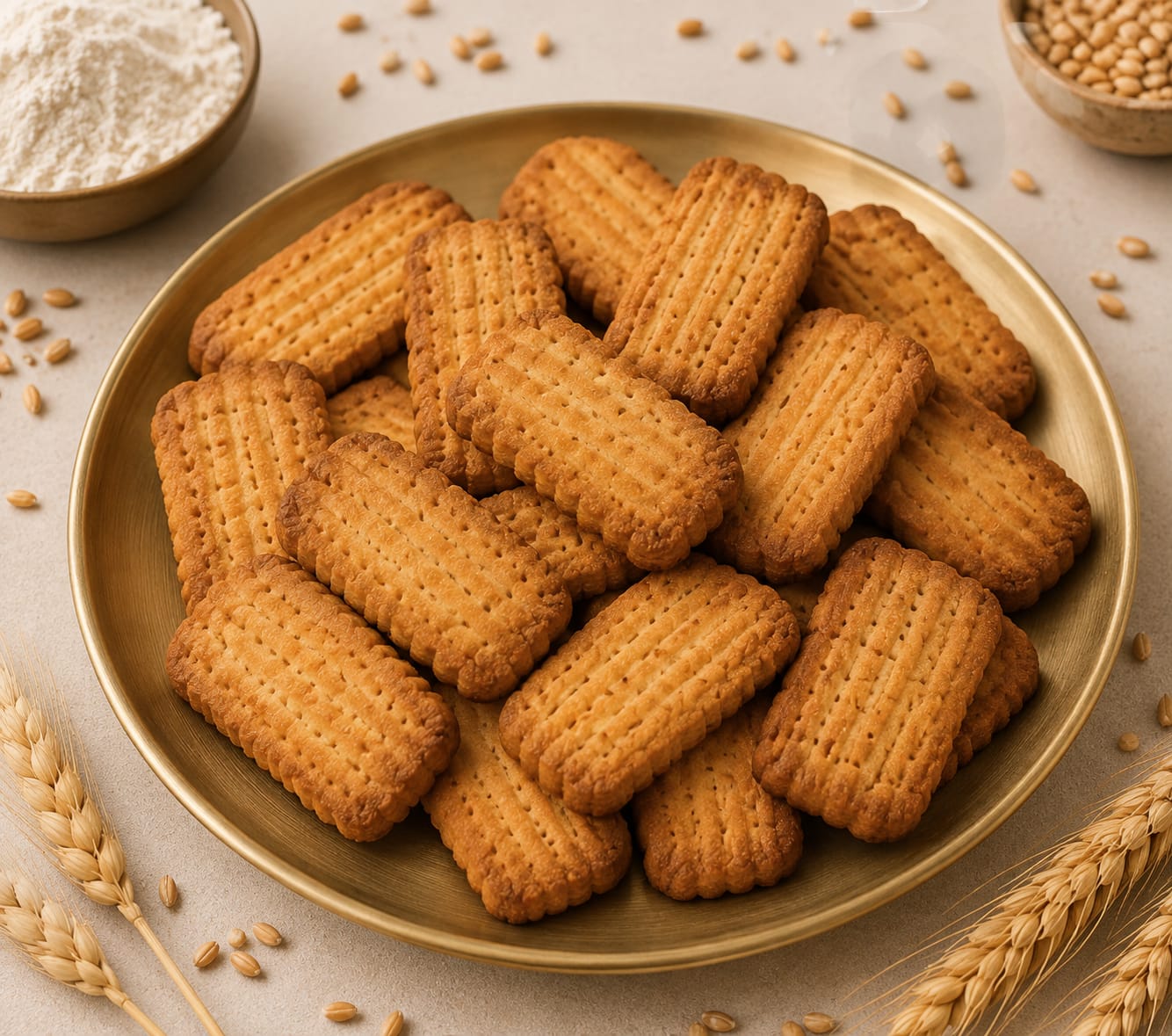 Golden whole wheat biscuits on a brass plate with wheat stalks and flour background.