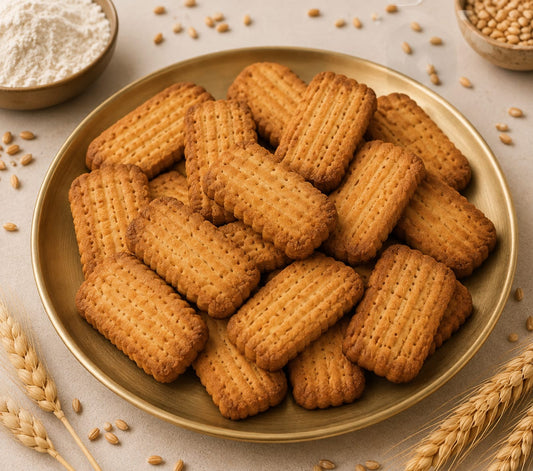 Golden whole wheat biscuits on a brass plate with wheat stalks and flour background.