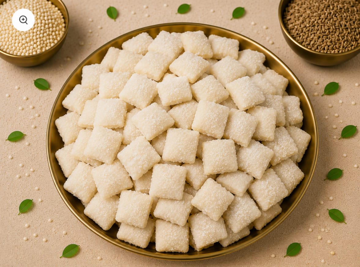 A golden bowl filled with white sugar-coated square sweets or snacks on a beige background.