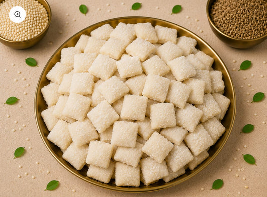 A golden bowl filled with white sugar-coated square sweets or snacks on a beige background.
