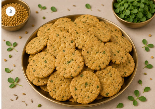 Savory roasted seed crackers on a golden plate with fresh green herbs.