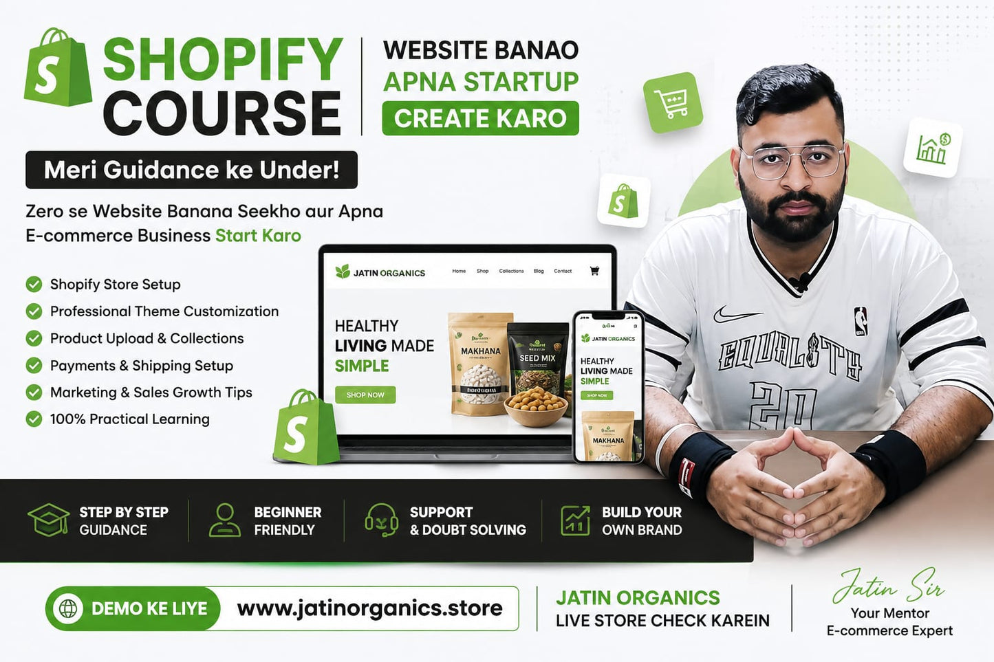 Man presenting a Shopify course for building an e-commerce startup and website.