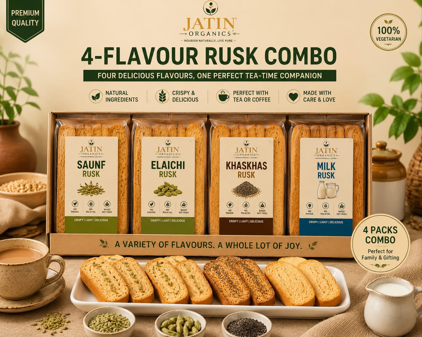 4-flavour rusk combo pack featuring Saunf, Elaichi, Khashkas, and Milk rusk varieties.