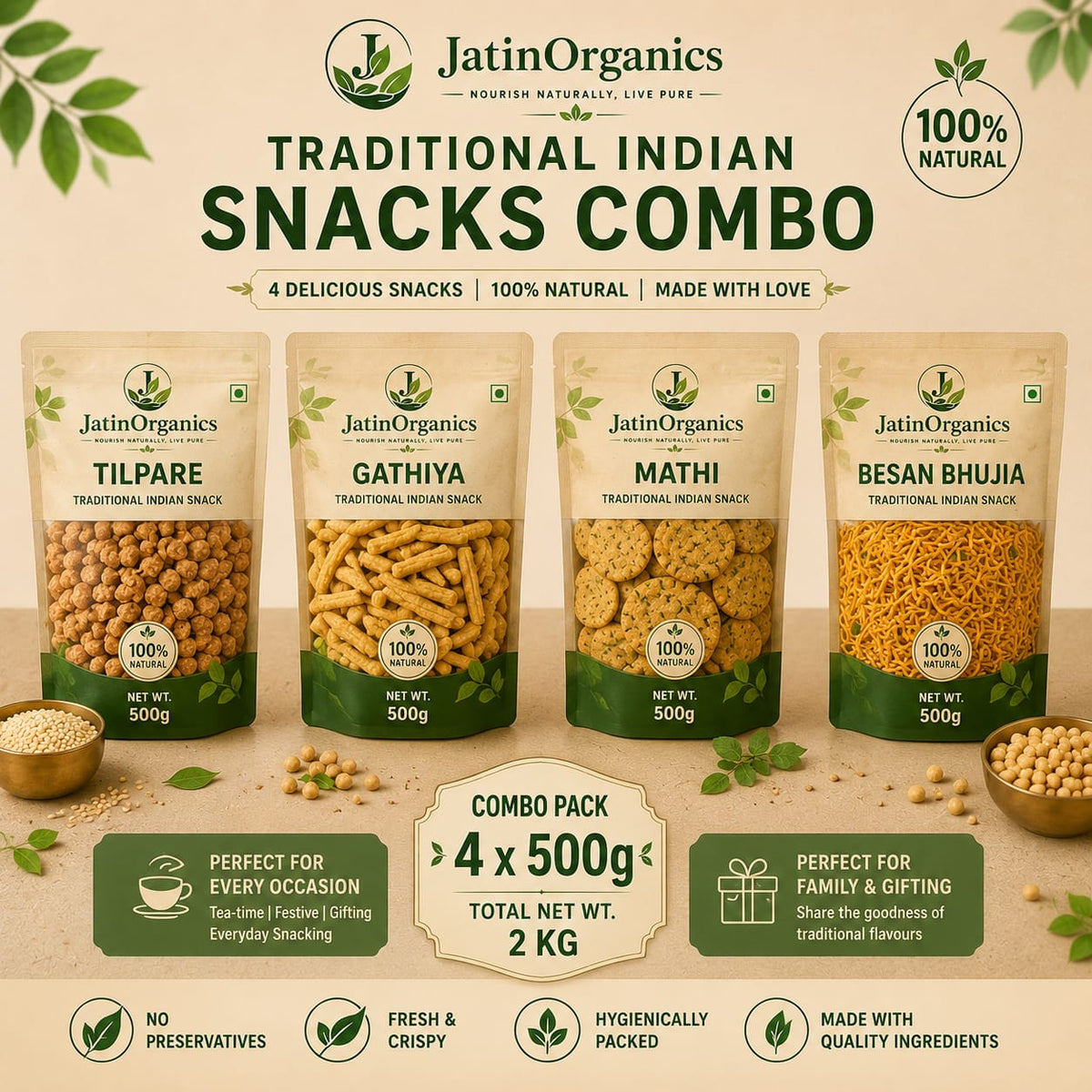 Jatin Organics Traditional Indian Snacks Combo – 2 KG | Tilpare, Gathiya, Mathi & Besan Bhujia - Jatin Organics