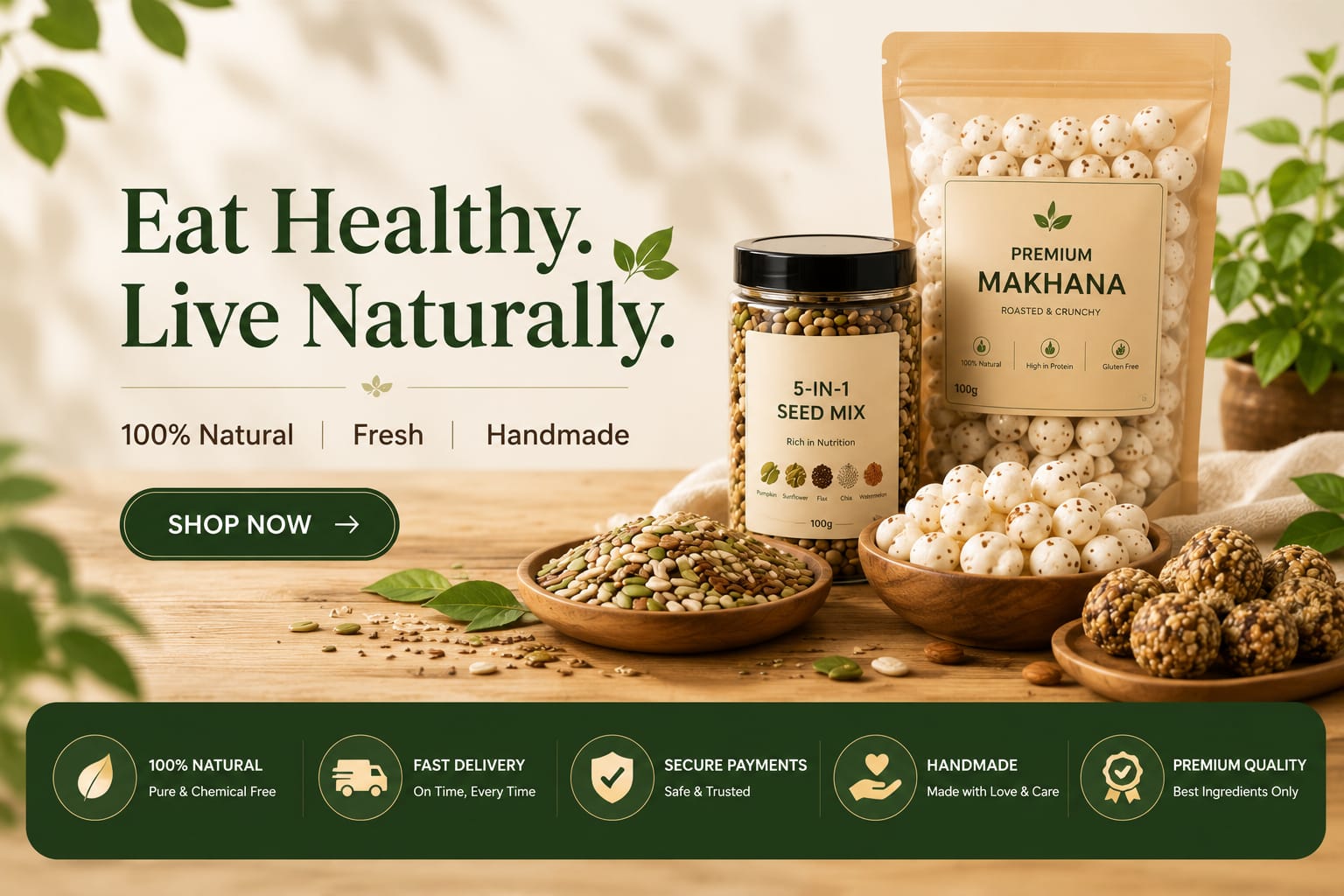 Healthy superfoods including roasted makhana and 5-in-1 seed mix in wooden bowls on a table.