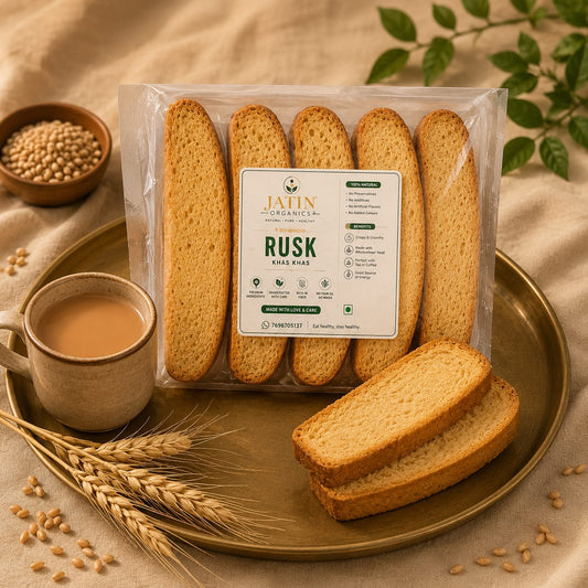 Jatin Organics Rusk Khas Khas pack with tea and wheat stalks on a golden tray.