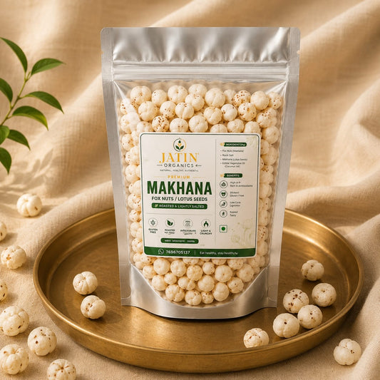 Premium roasted and lightly salted Makhana lotus seeds in a clear resealable pouch.