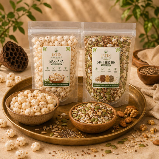 Jatin Organics Makhana and 5-in-1 Seed Mix packs with roasted lotus seeds in bowls.